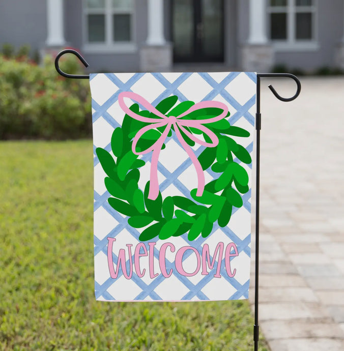 Welcome Pink Bow Wreath Flag